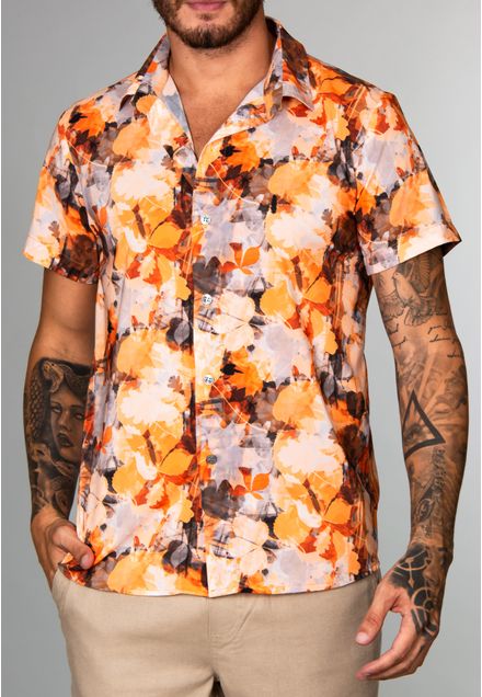 Camisa Casual Orange Abstract Flowers