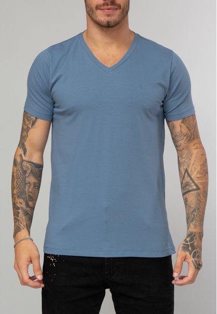 Camiseta Básica Gola V Azul Cobalto